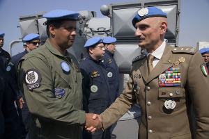 Major-General Luciano Portolano, UNIFIL Force Commander and Head of Mission greets a Brazilian member of the UNIFIL Maritime Task Force in Beirut port, Lebanon.